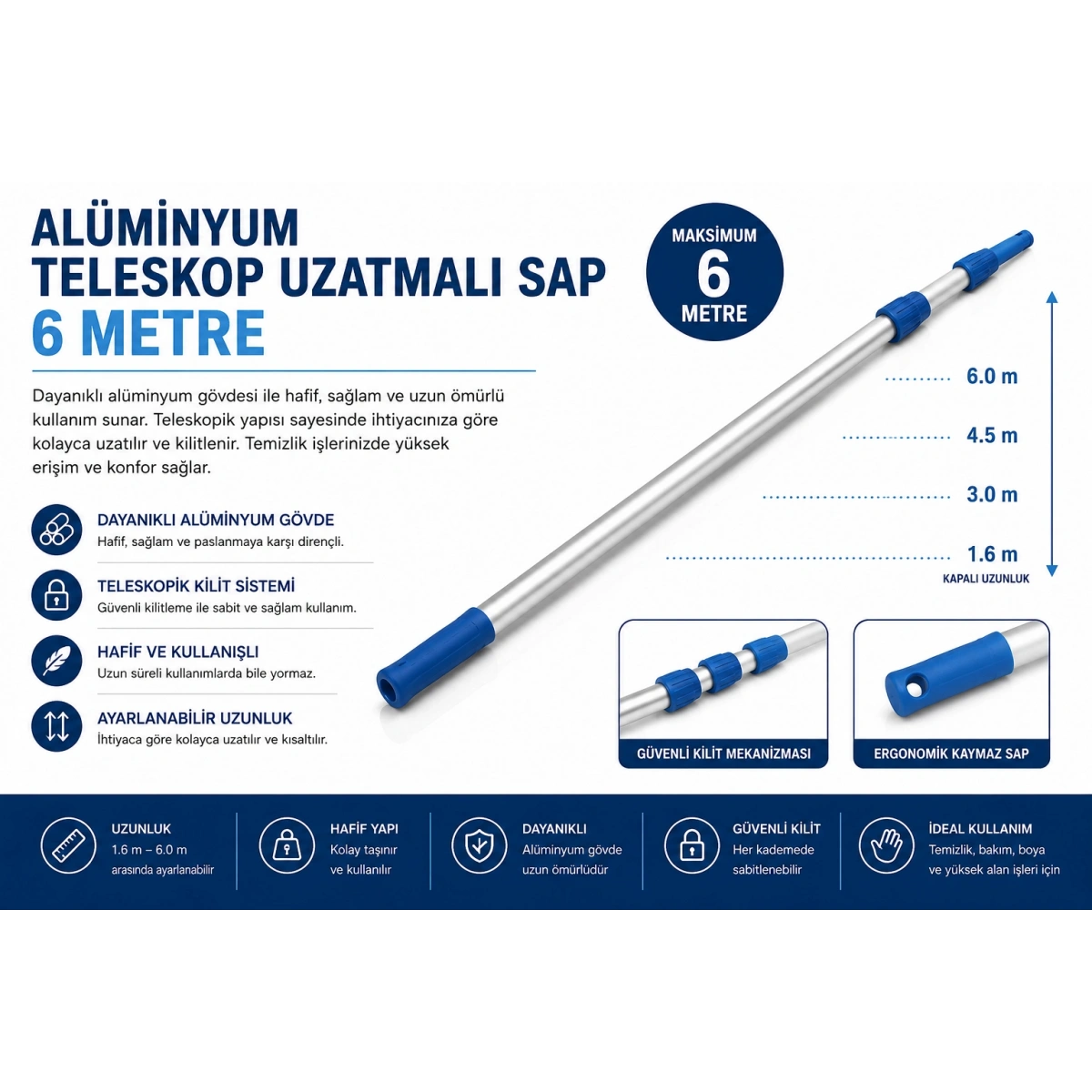 Alüminyum Teleskop Uzatmalı Sap 6 Metre