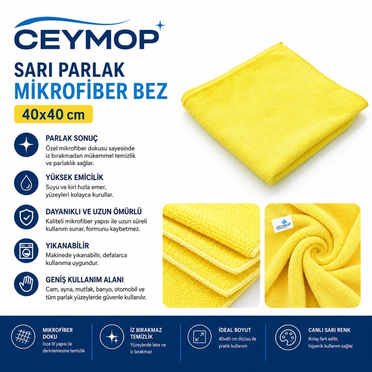 Ceymop Sarı Parlak Mikrofiber Bez 40x40 cm