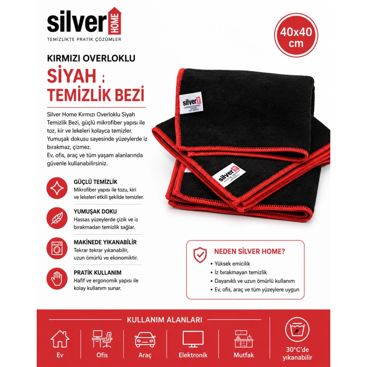Silver Home Kırmızı Overloklu Siyah Temizlik Bezi 40x40 cm
