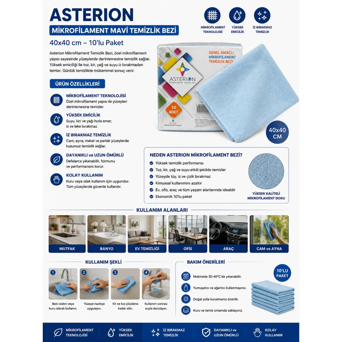 Asterion Mikrofilament Mavi Temizlik Bezi 40x40 cm 10lu