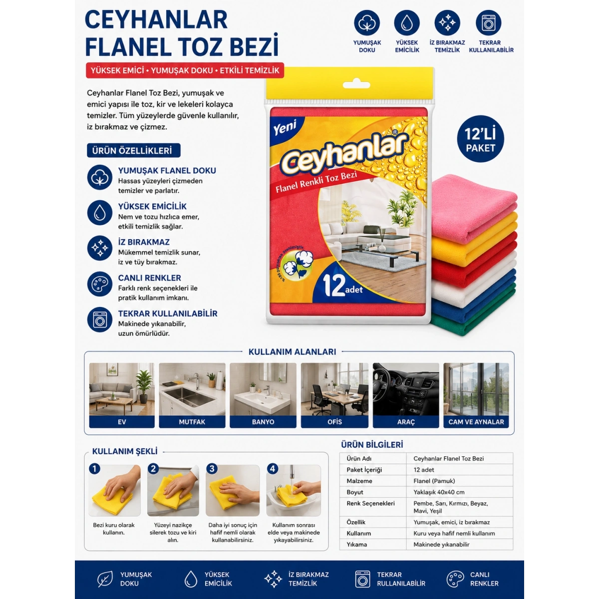 Ceyhanlar Flanel Toz Bezi 12li