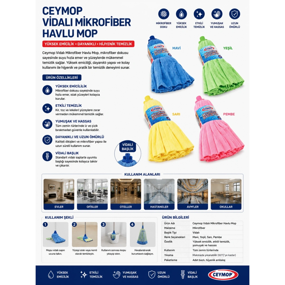 Ceymop Vidalı Mikrofiber Havlu Mop