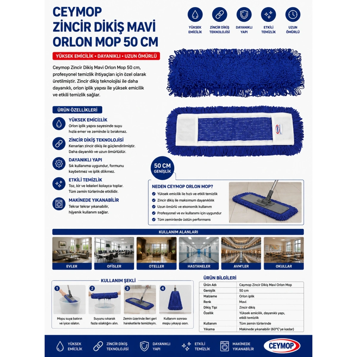 Ceymop Zincir Dikiş Mavi Orlon Mop 50 cm