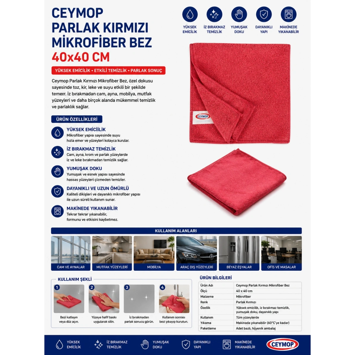 Ceymop Parlak Kırmızı Mikrofiber Bez 40x40 cm