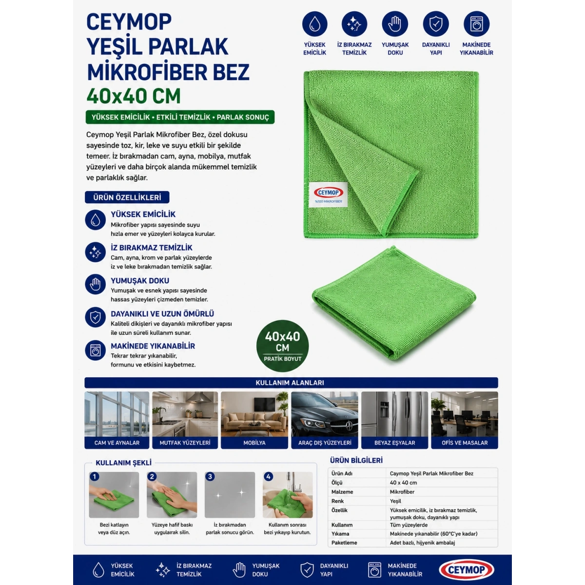 Ceymop Yeşil Parlak Mikrofiber Bez 40x40 cm