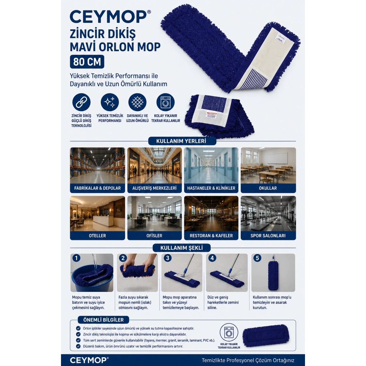 Ceymop Zincir Dikiş Mavi Orlon Mop 80 cm