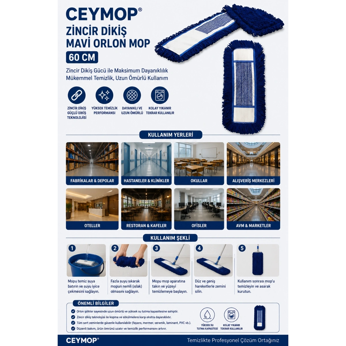 Ceymop Zincir Dikiş Mavi Orlon Mop 60 cm