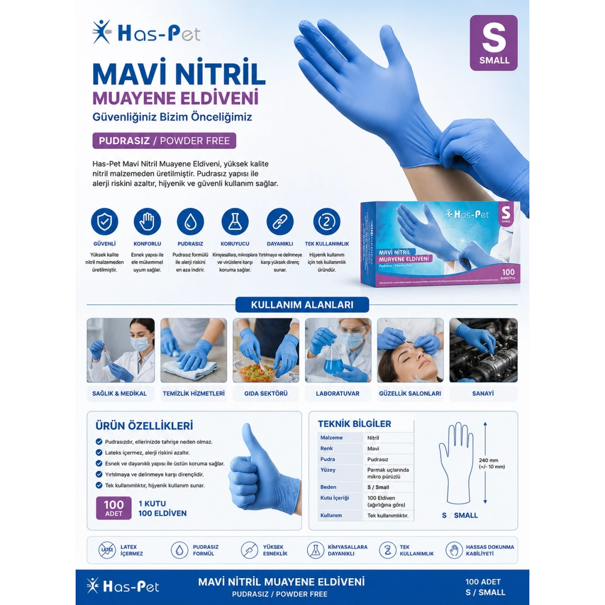Has-Pet SK006658 Mavi Nitril Pudrasız Muayene Eldiveni S/Small Beden 100 Adet