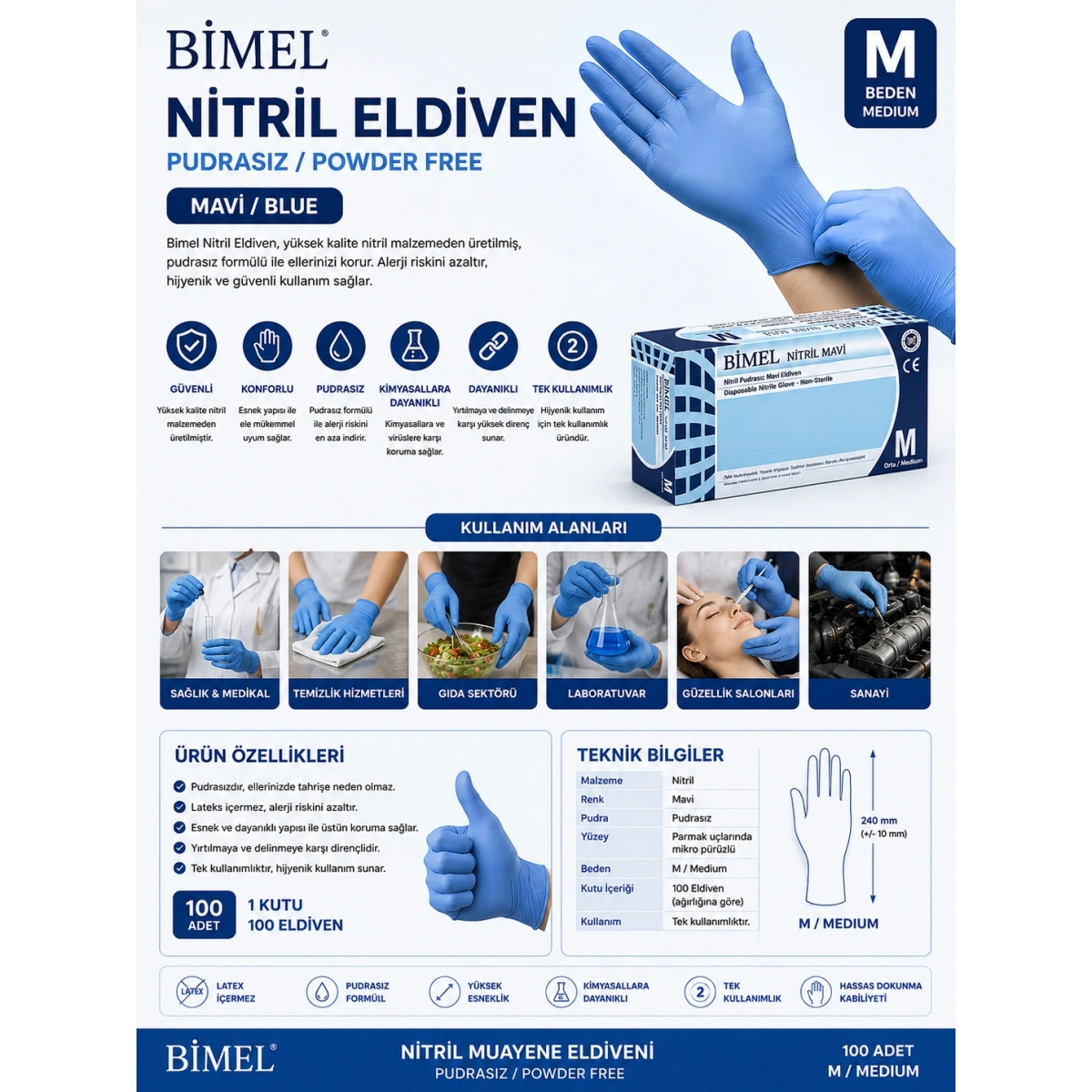 Bimel Nitril Pudrasız Mavi Eldiven M Beden