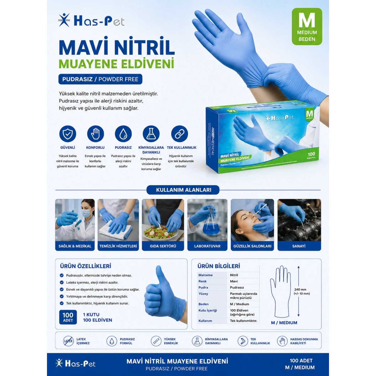 Has-Pet SK006543 Mavi Nitril Pudrasız Muayene Eldiveni M/Medium Beden