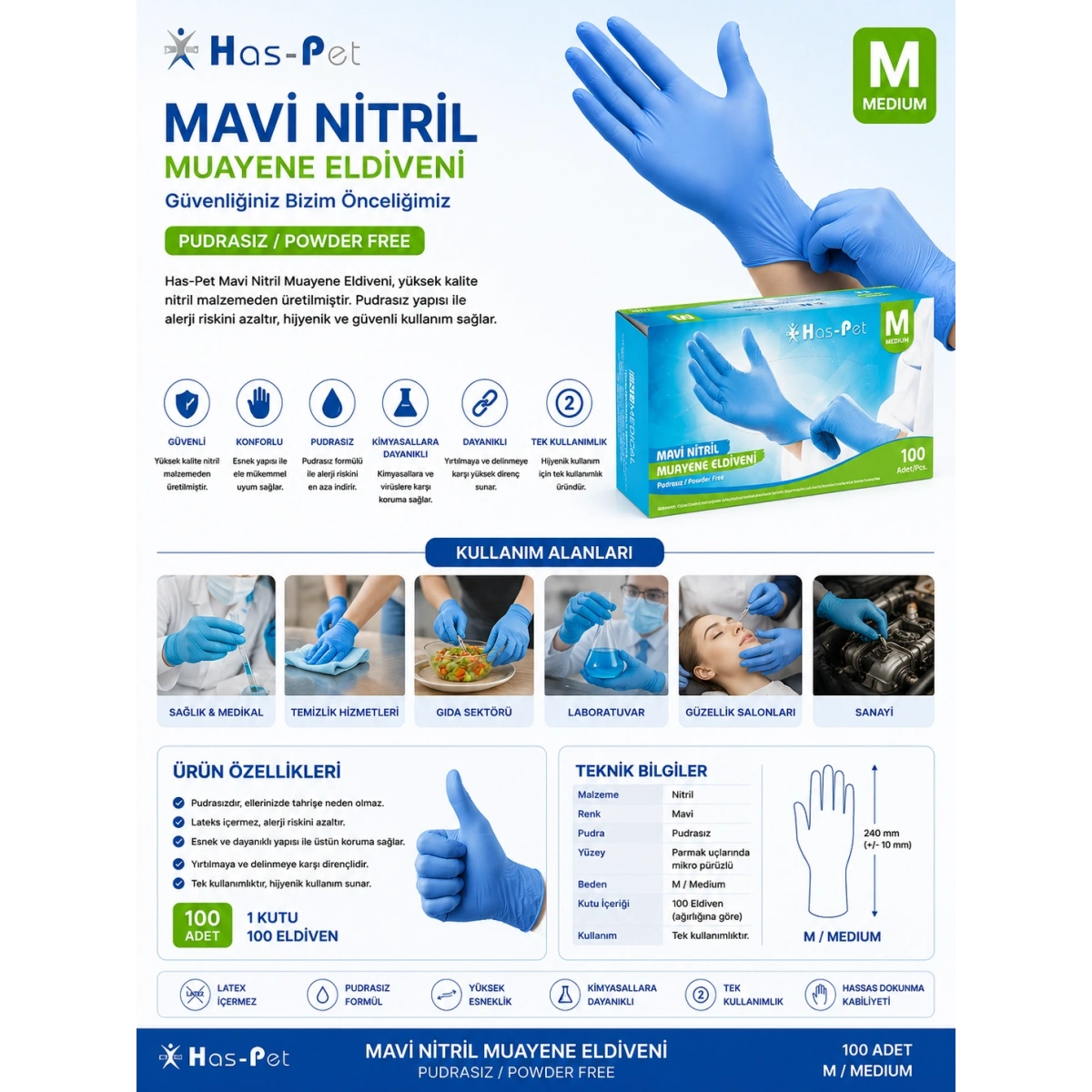 Has-Pet SK006543 Mavi Nitril Pudrasız Muayene Eldiveni M/Medium Beden