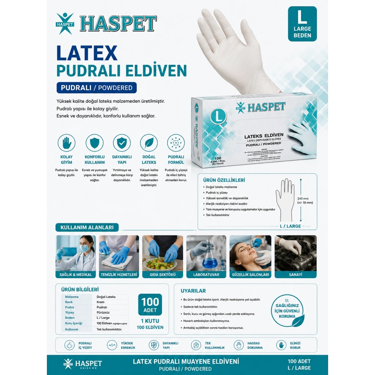 Has-Pet Latex Pudralı Eldiven L Beden