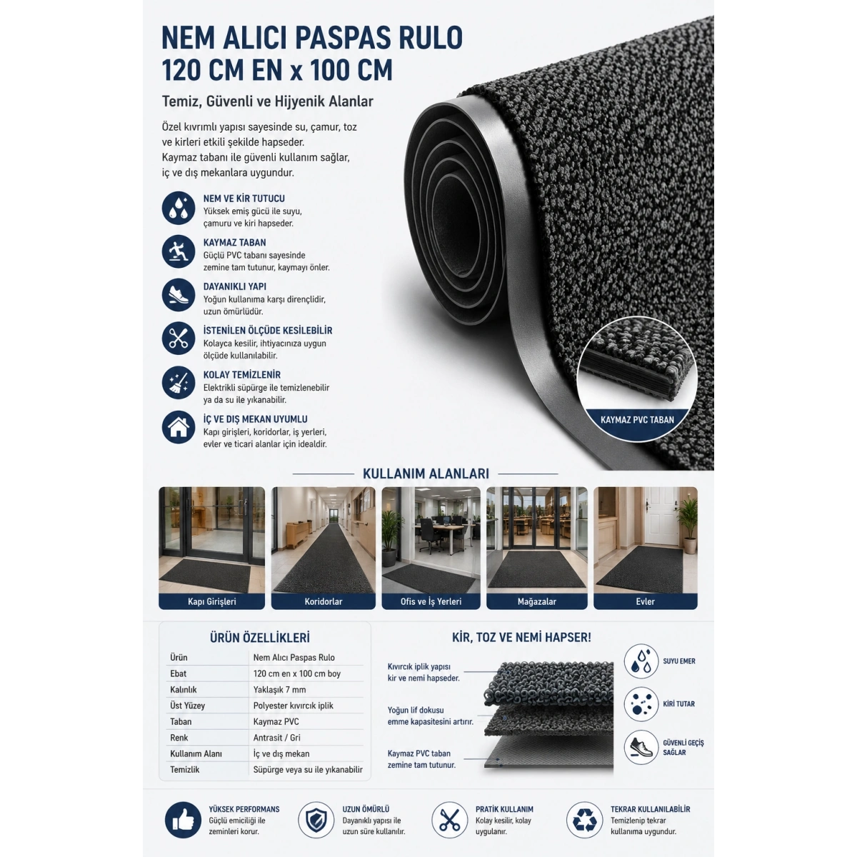 Nem Alıcı Paspas Rulo 120 cm en x 100 cm