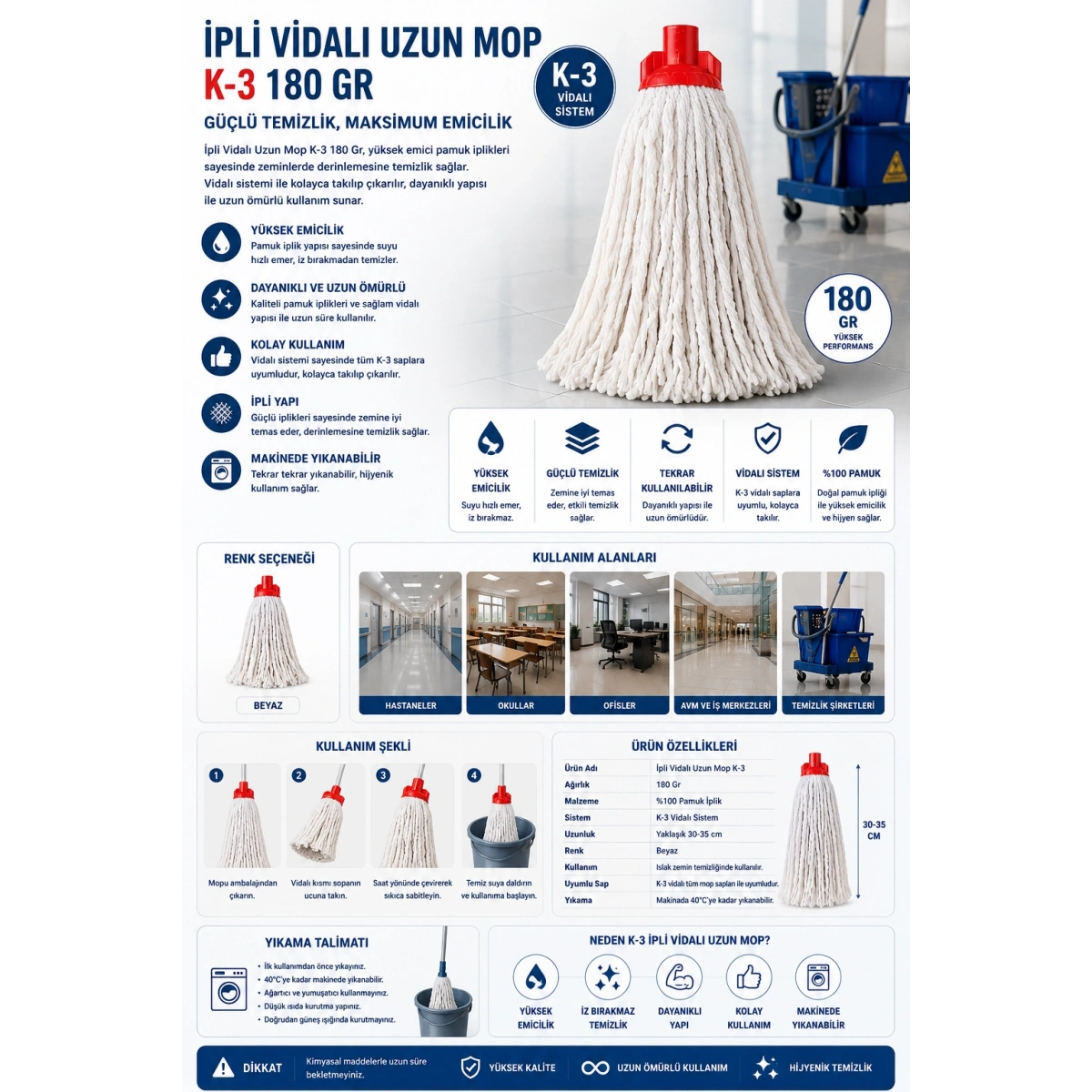 İpli Vidalı Uzun Mop K-3 180 Gr