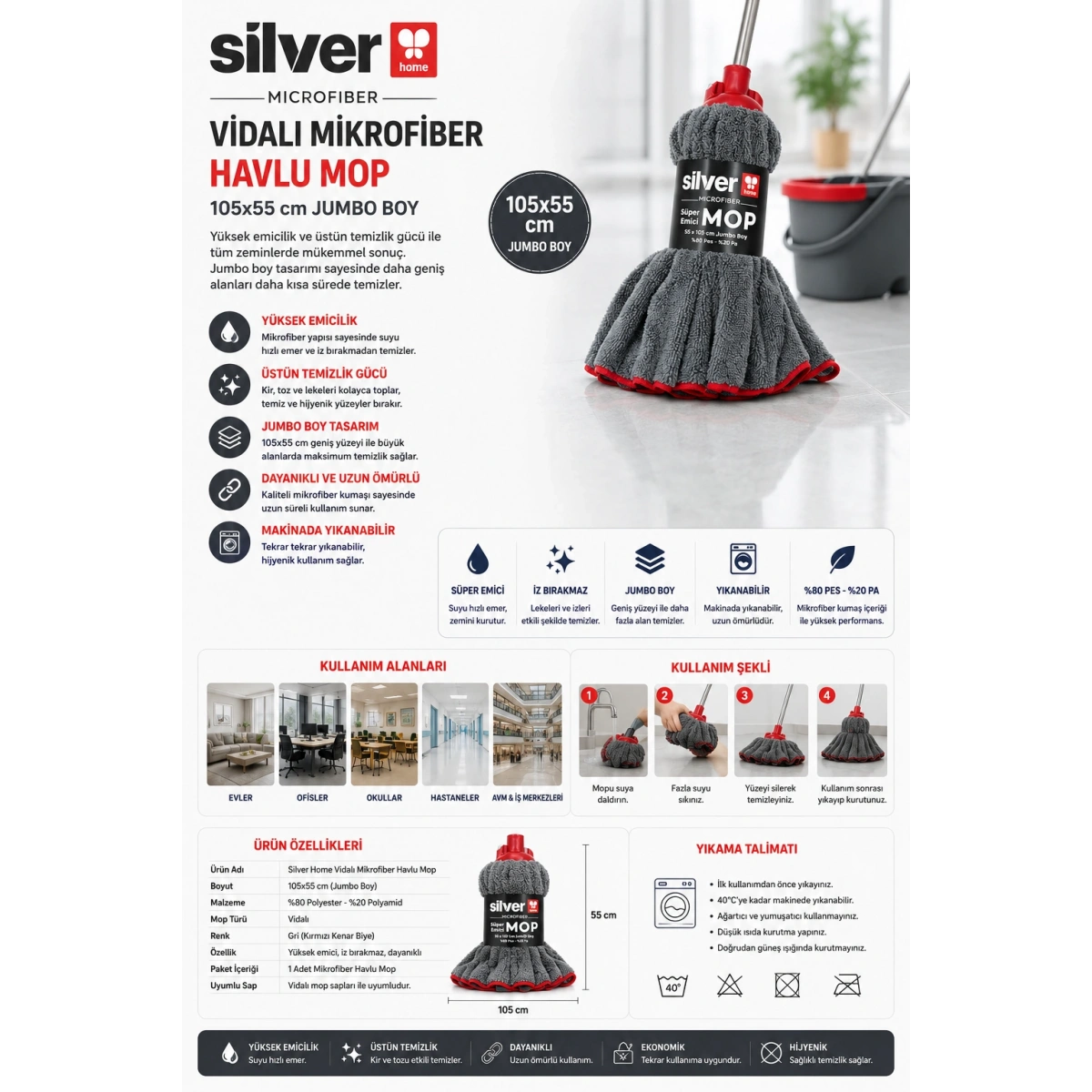 Silver Home Vidalı Mikrofiber Havlu Mop 105x55 cm Jumbo Boy