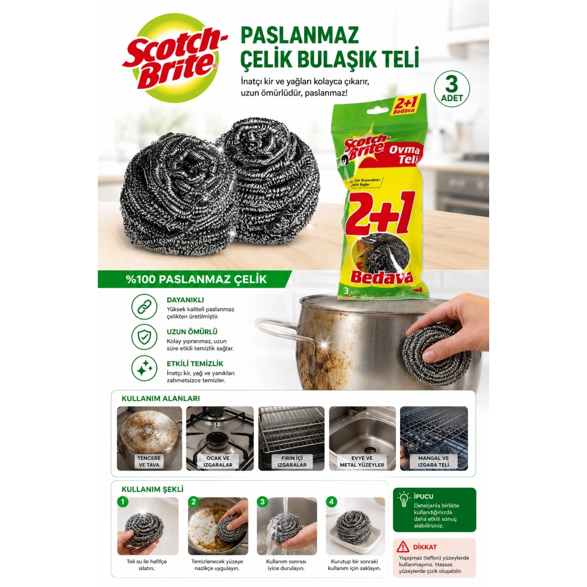 Scotchbrite Paslanmaz Çelik Bulaşık Teli 3lü