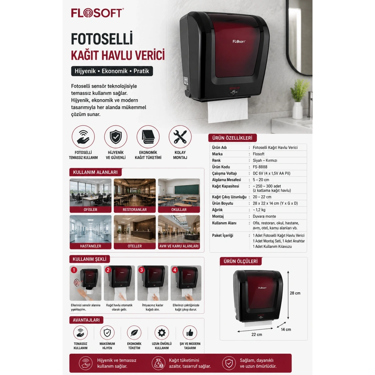 Flosoft Fotoselli Siyah Kağıt Havlu Verici