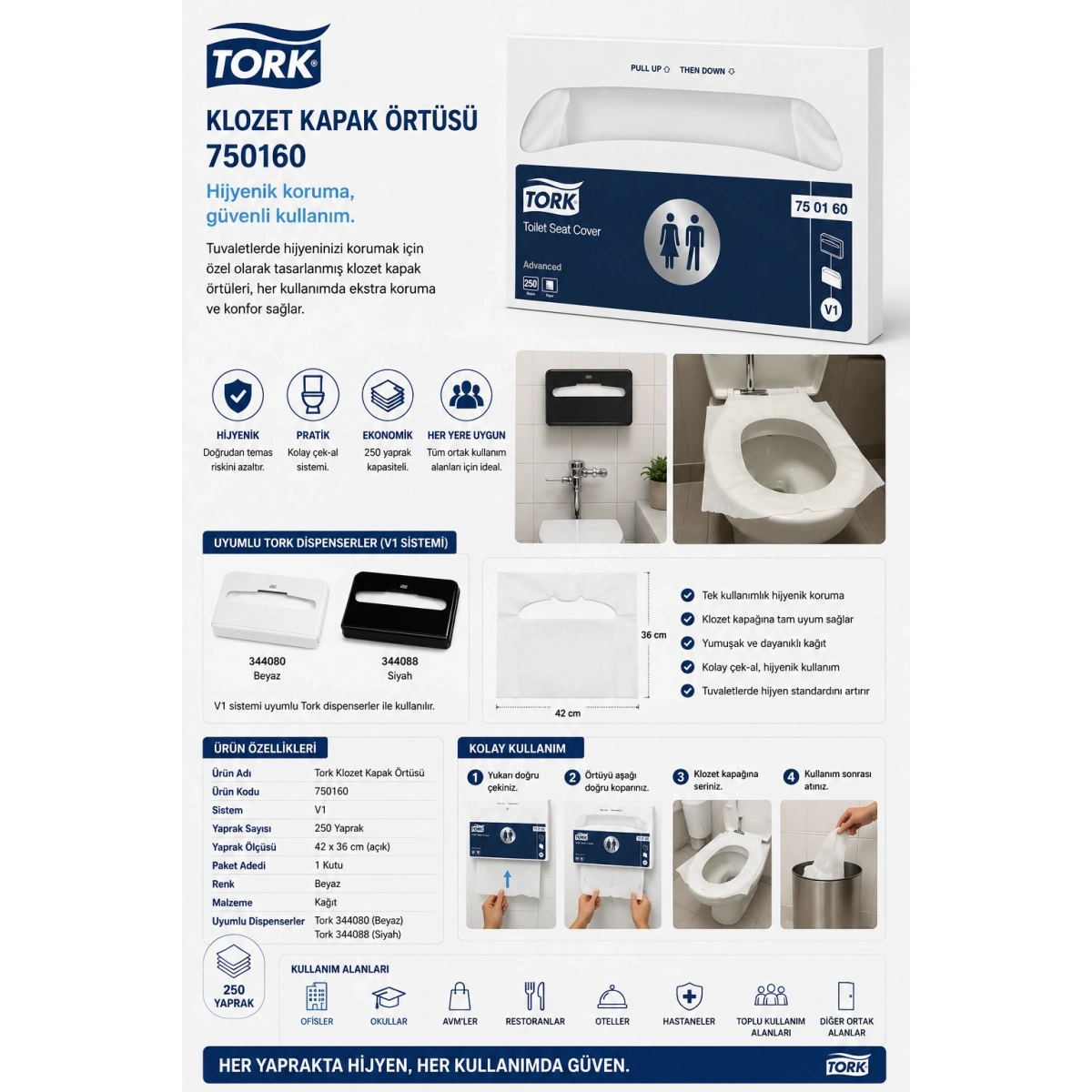 Tork 750160 Klozet Kapak Örtüsü 250 Yaprak