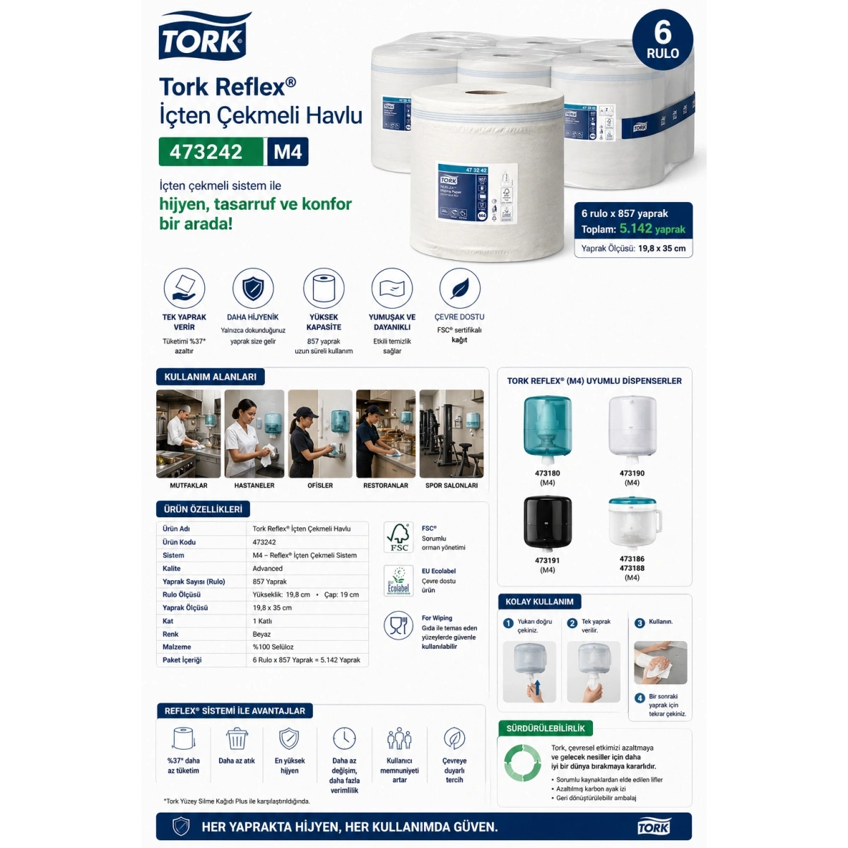 Tork 473242 Kağıt Havlu 6 Rulo x 300 Yaprak