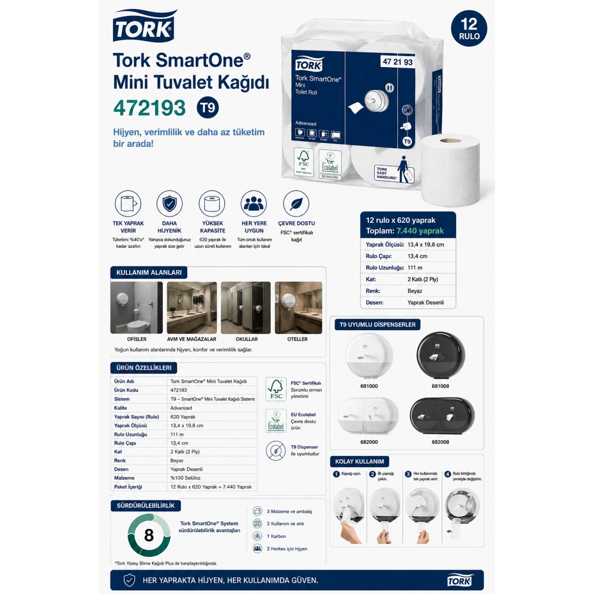 Tork 472193 Mini Tuvalet Kağıdı 12 Rulo x 620 Yaprak
