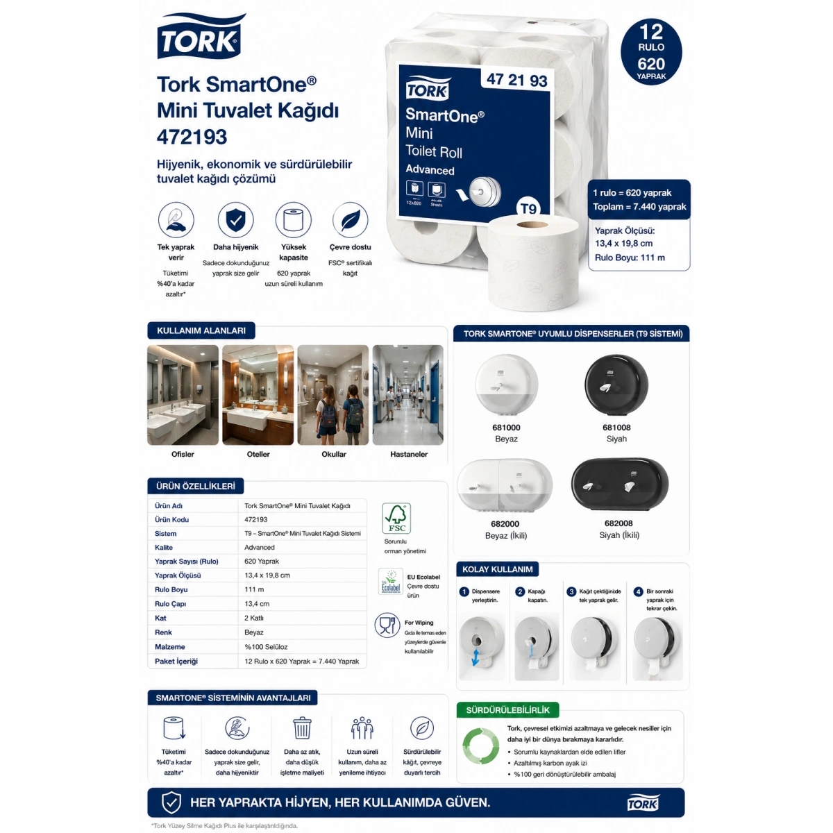 Tork 472193 Mini Tuvalet Kağıdı 12 Rulo x 620 Yaprak