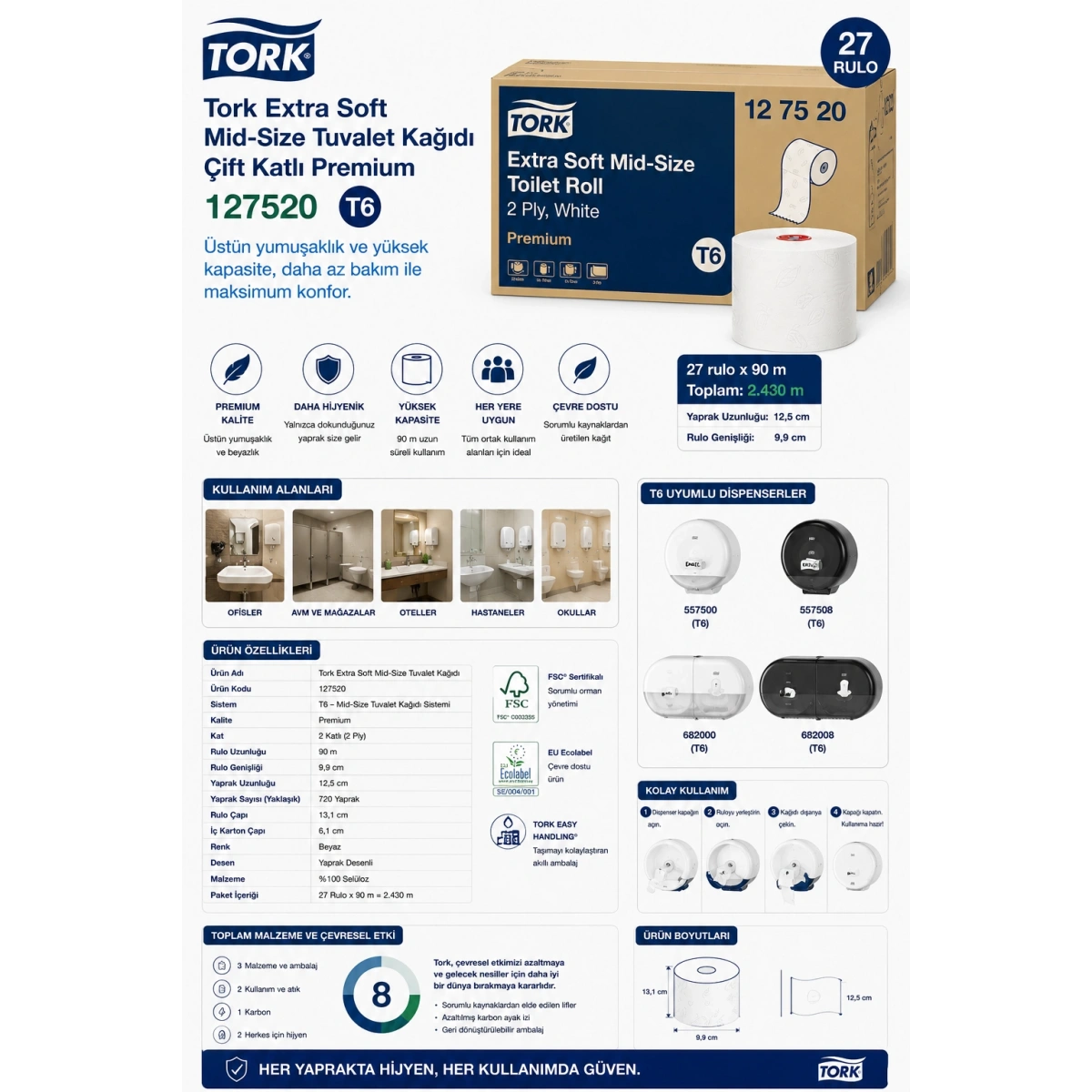 Tork 127520 Çift Katlı Premium Tuvalet Kağıdı 27 Rulo x 90 m