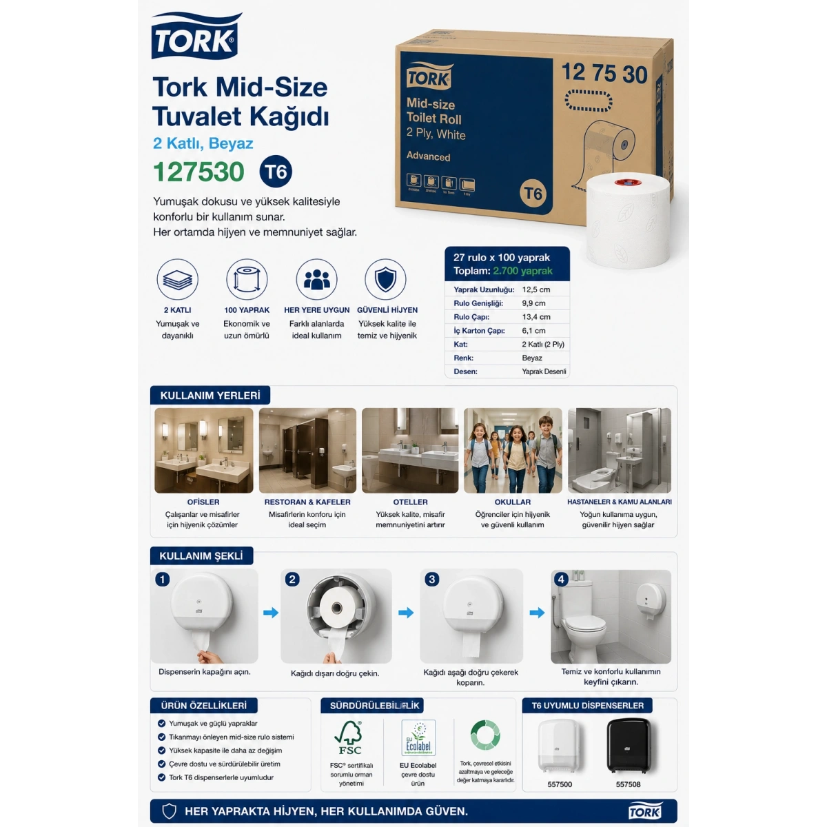 Tork 127530 Rulo Tuvalet Kağıdı 2 Katlı 27 Rulo x 100 Yaprak