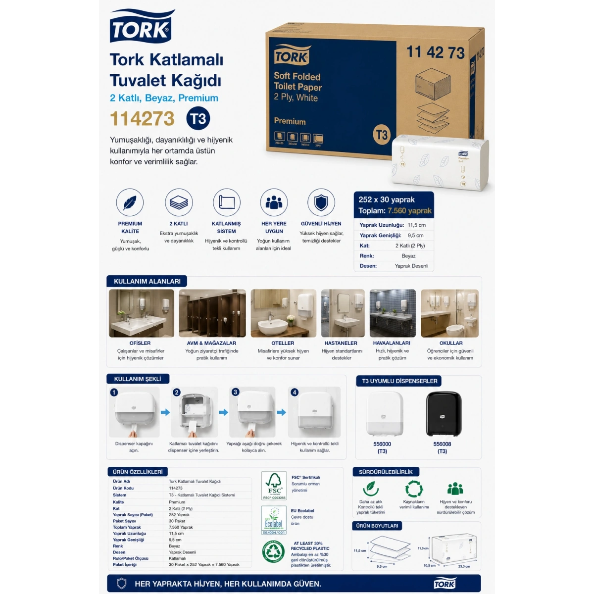 Tork 114273 Katlamalı Premium Tuvalet Kağıdı 2 Katlı 252x30 Yaprak