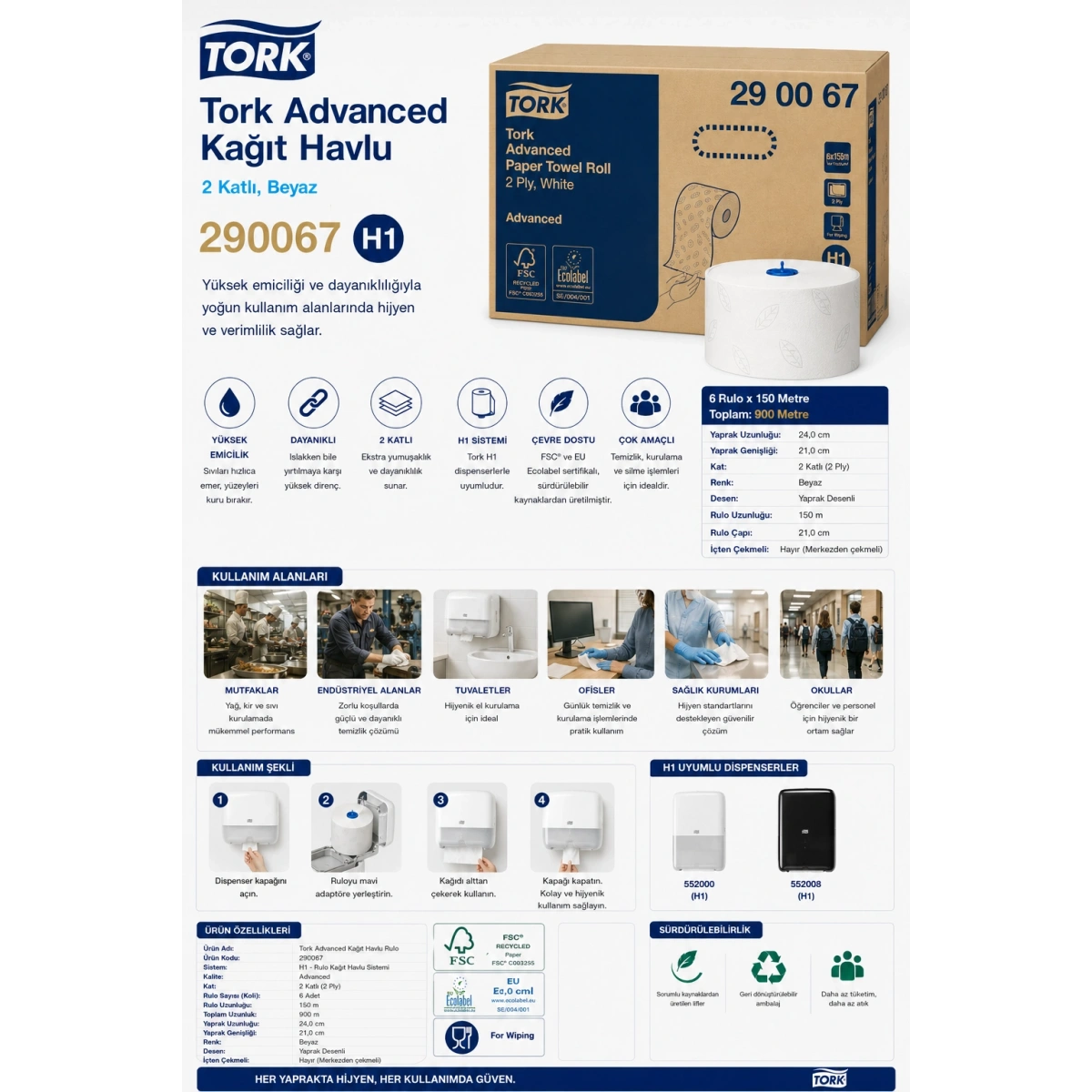 Tork 290067 Advanced Kağıt Havlu 2 Katlı 6 Adet 6x150 m