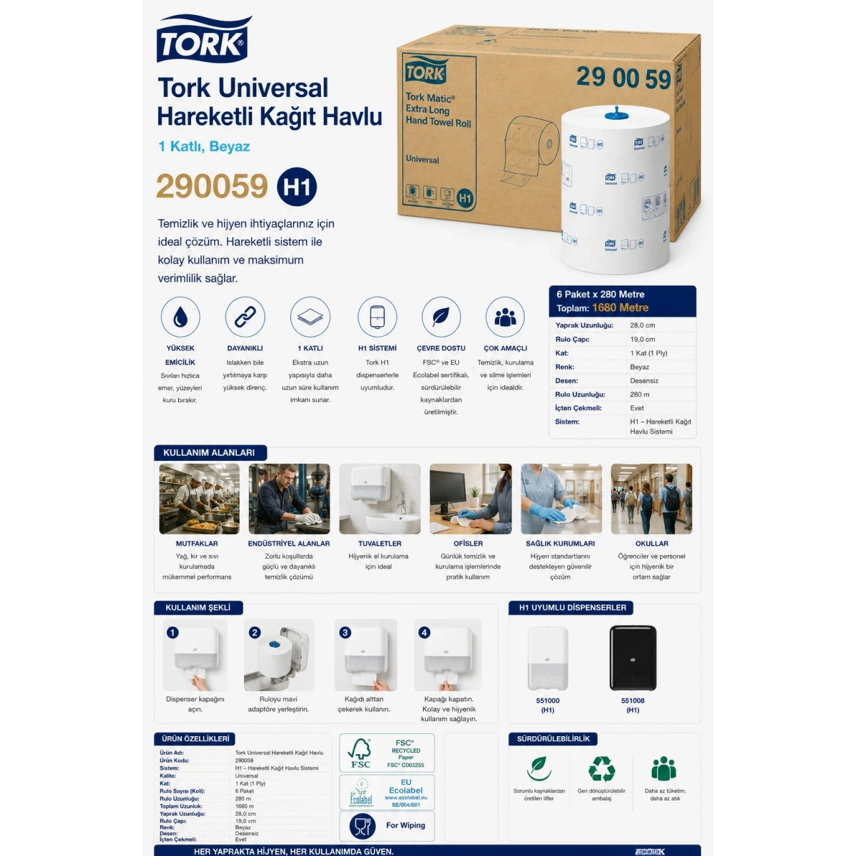 Tork 290059 Universal Hareketli Kağıt Havlu 6 Paket x 280 m