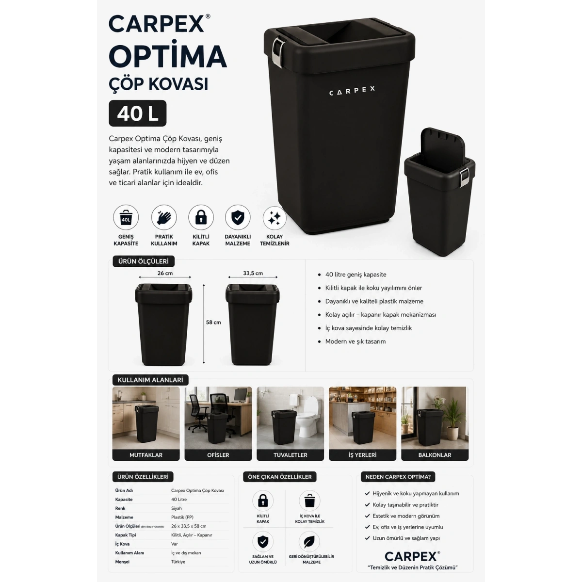 Carpex Optima Siyah Çöp Kovası 40 L 26x33,5x58 cm