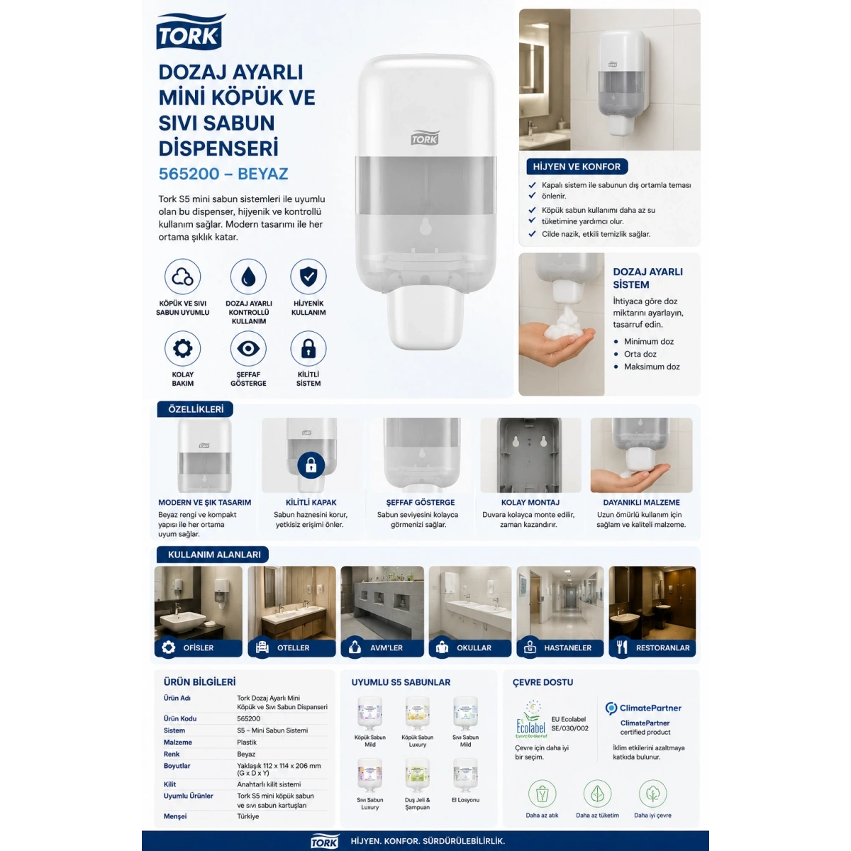 Tork 565200 Dozaj Ayarlı Mini Köpük Ve Sıvı Sabun Dispanseri Beyaz