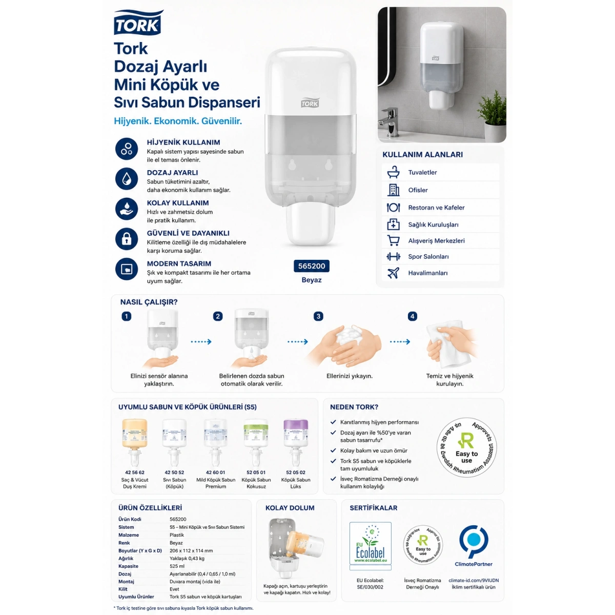 Tork 565200 Dozaj Ayarlı Mini Köpük Ve Sıvı Sabun Dispanseri Beyaz