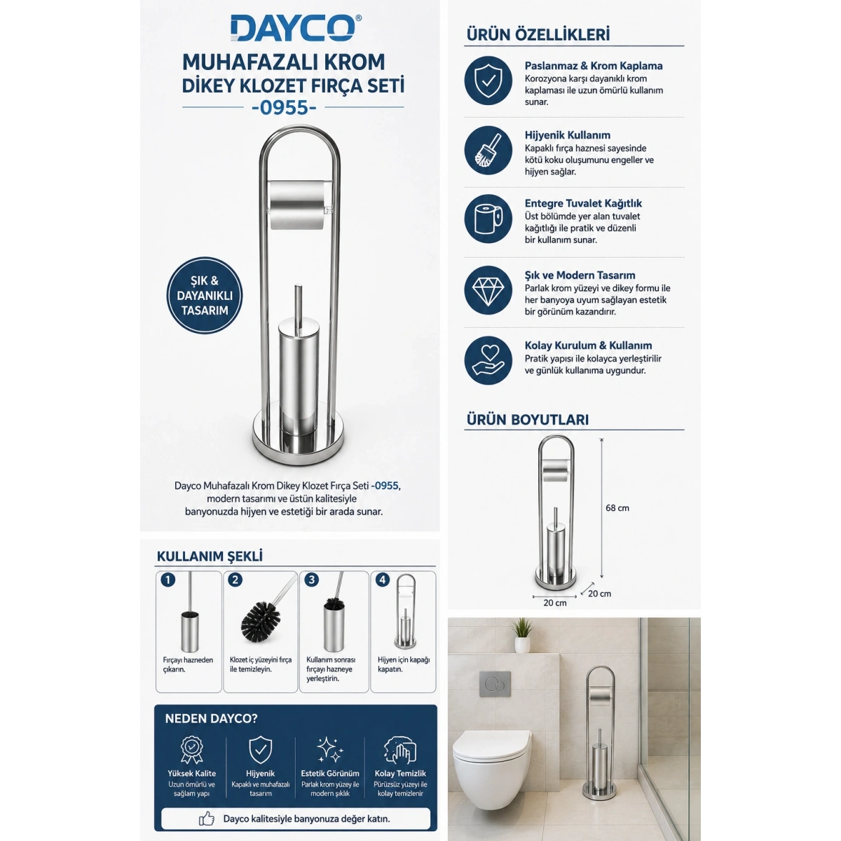 Dayco Muhafazalı Krom Dikey Klozet Fırça Seti-0955