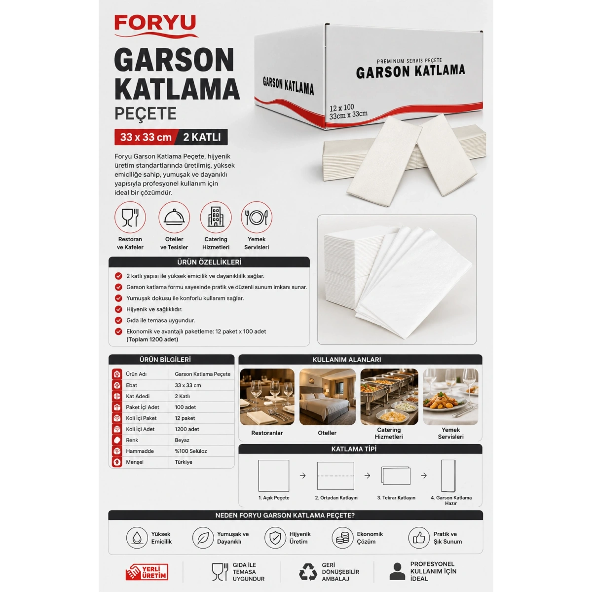 Foryu Garson Katlama Peçete 33x33-12x100 2 Katlı