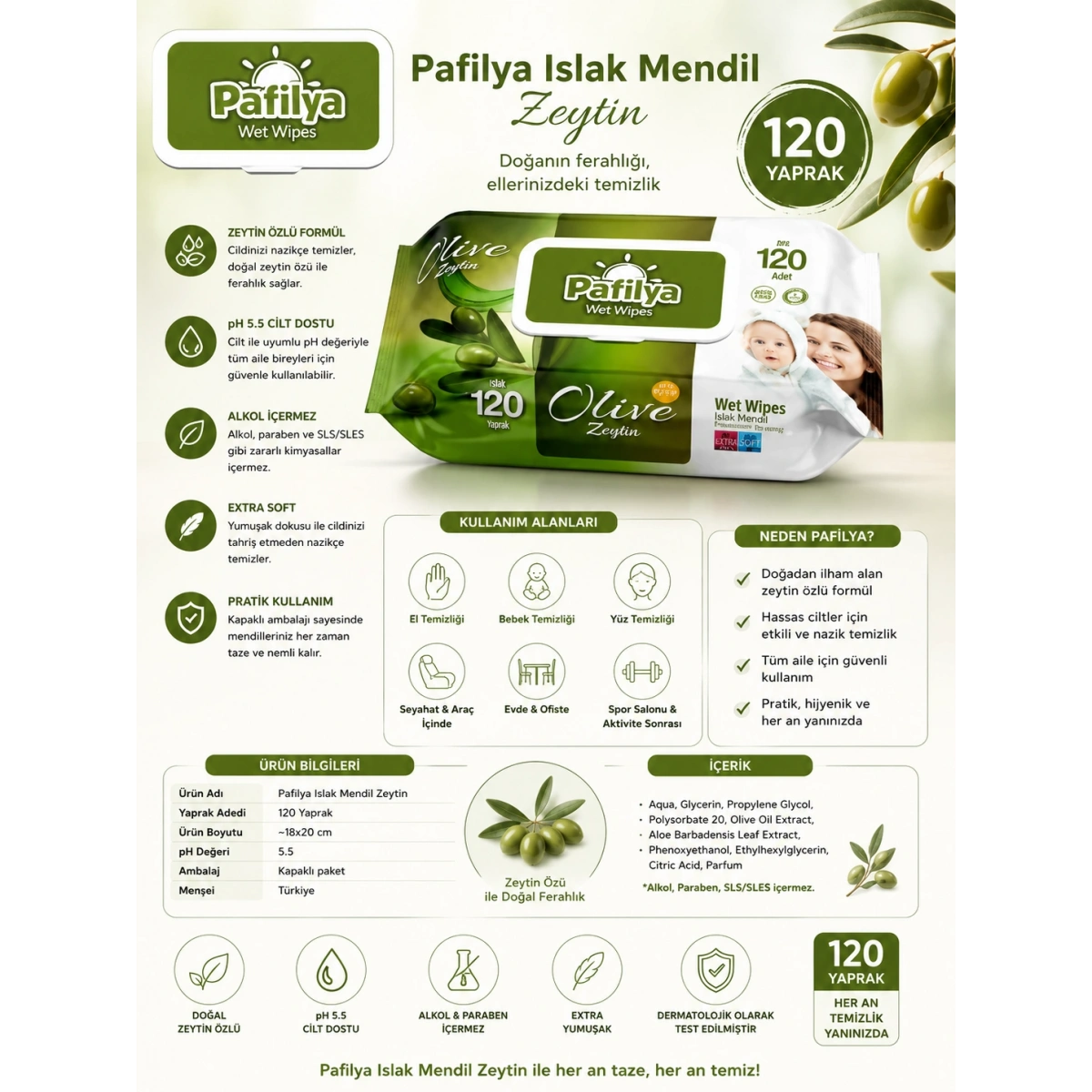Pafilya Islak Mendil Zeytin 120li