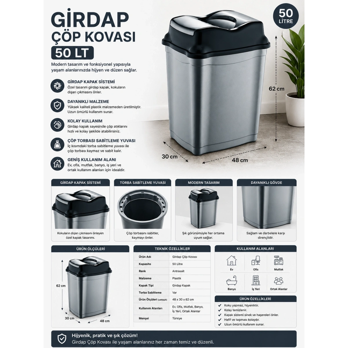Antrasait Girdap Çöp Kovası 50 lt. 48x30x62 cm