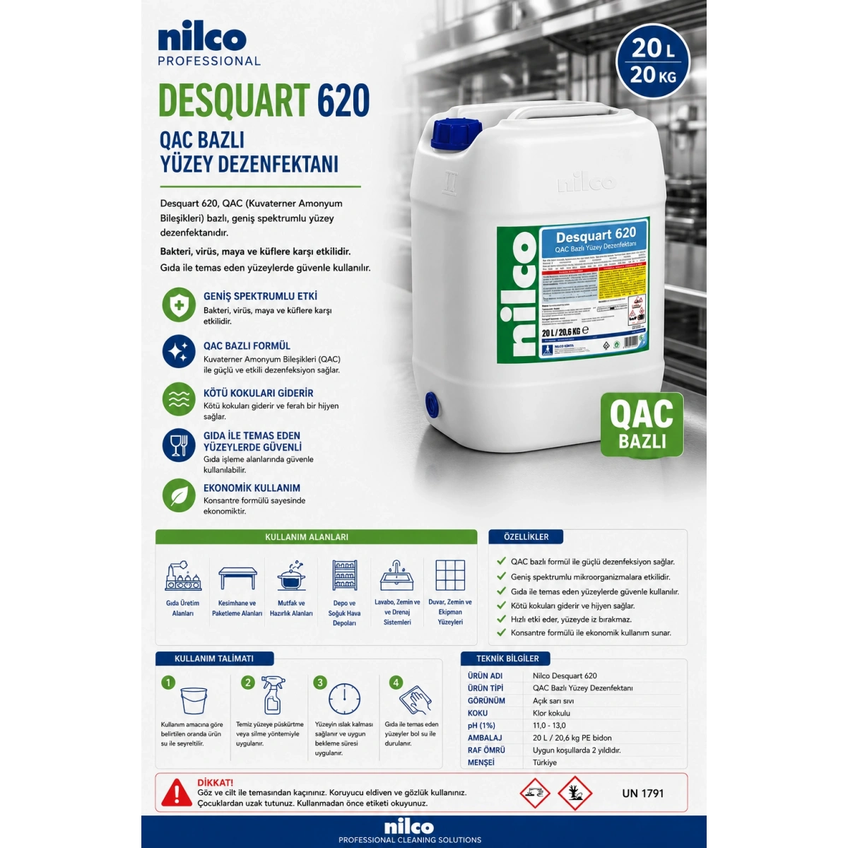 Nilco Desquart 620 20 lt / 20 kg (Qac Bazlı Yüzey Dezenfektanı)