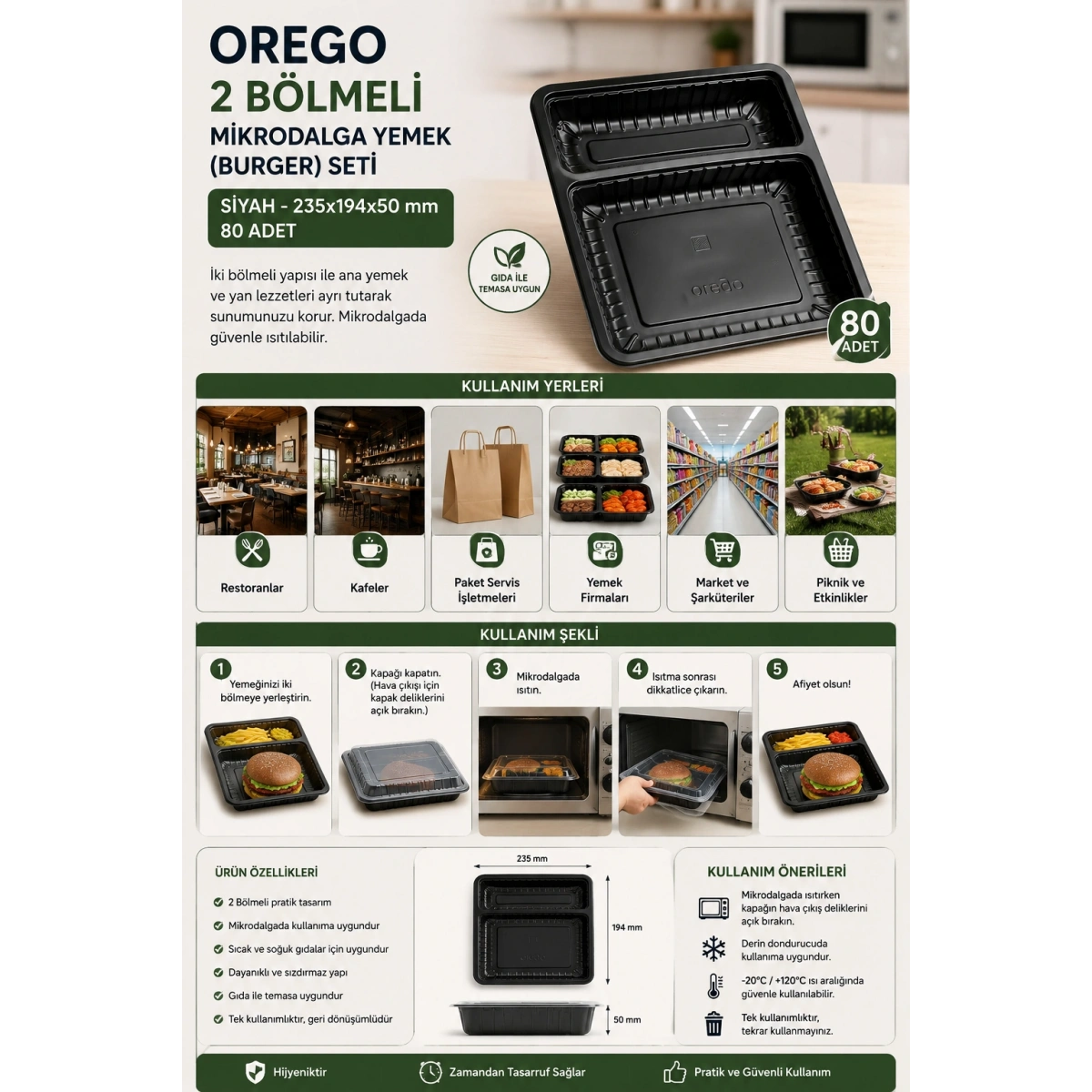 Orego 2 Bölmeli Mikrodalga Yemek (Burger) Seti Siyah 235x194x50 80 Adet