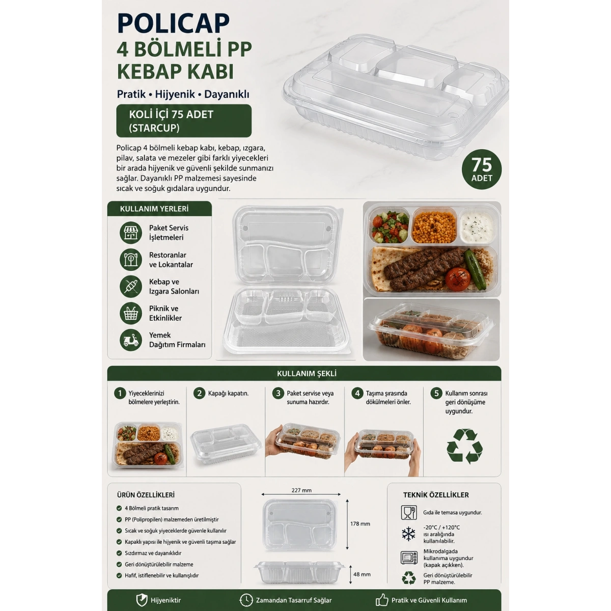Policap 4 Bölmeli PP Kebap Kabı Koli içi 75 Adet (Starcup)