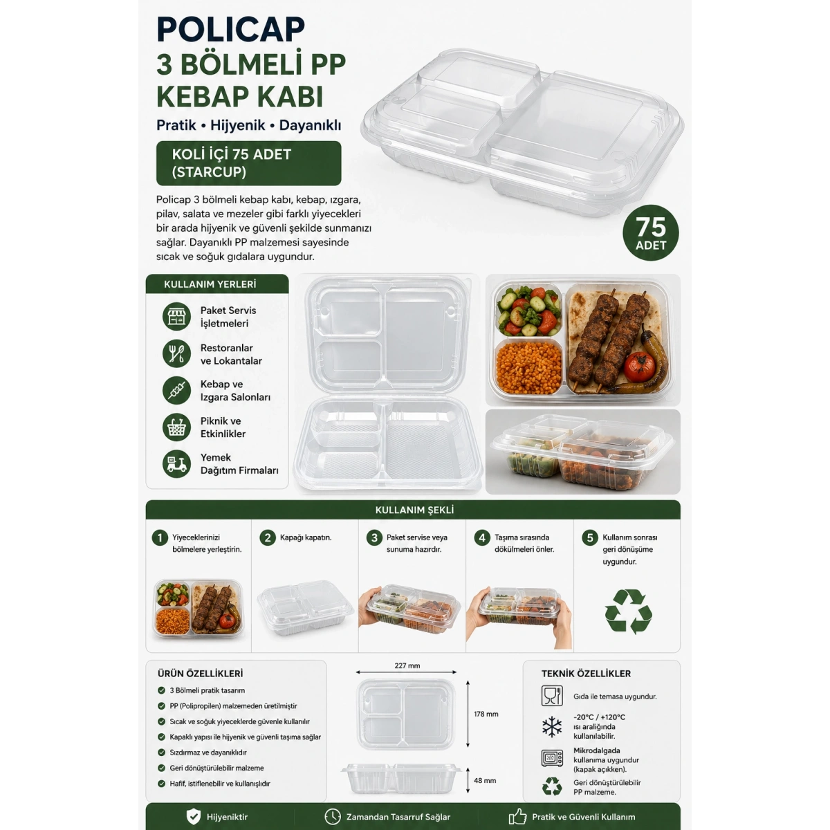 Policap 3 Bölmeli PP Kebap Kabı Koli içi 75 Adet (Starcup)