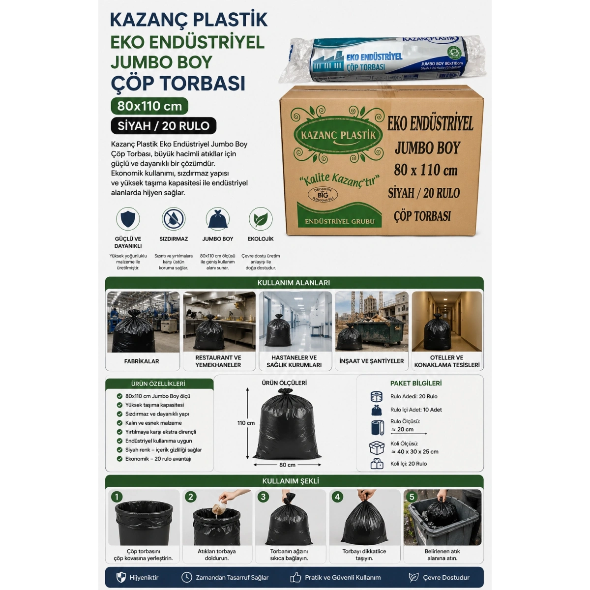 Kazanç Plastik Eko End. Jumbo Boy 80x110 10lu 20 Rulo Çöp Torbası Siyah