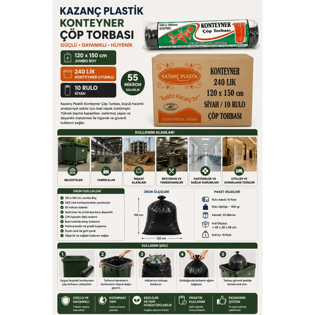Kazanç Plastik 240lık Konteyner 120x150 cm 10lu 10 Rulo 55 Mikron Siyah