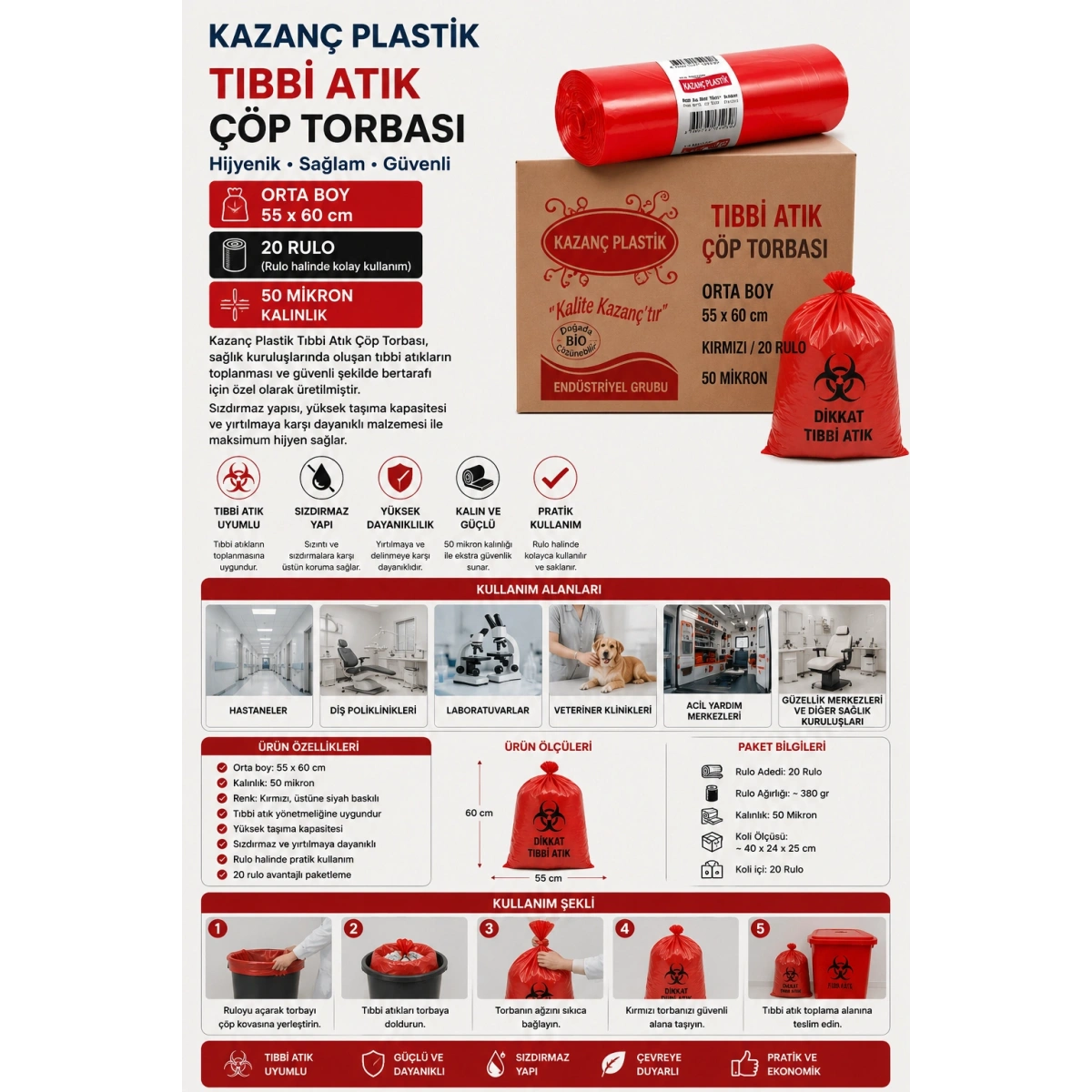 Kazanç Plastik Tıbbi Atık Orta Boy 55x60 cm Baskılı 20li 20 Rulo 50 Mikron Çöp Torbası