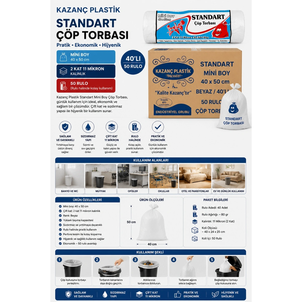 Kazanç Plastik Standart Mini Boy 40x50 Beyaz 40lı 50 Rulo