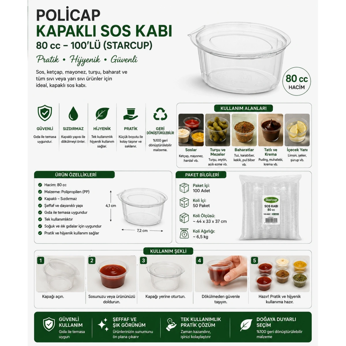 Policap Kapaklı Sos Kabı 80 cc 100lü (Starcup)