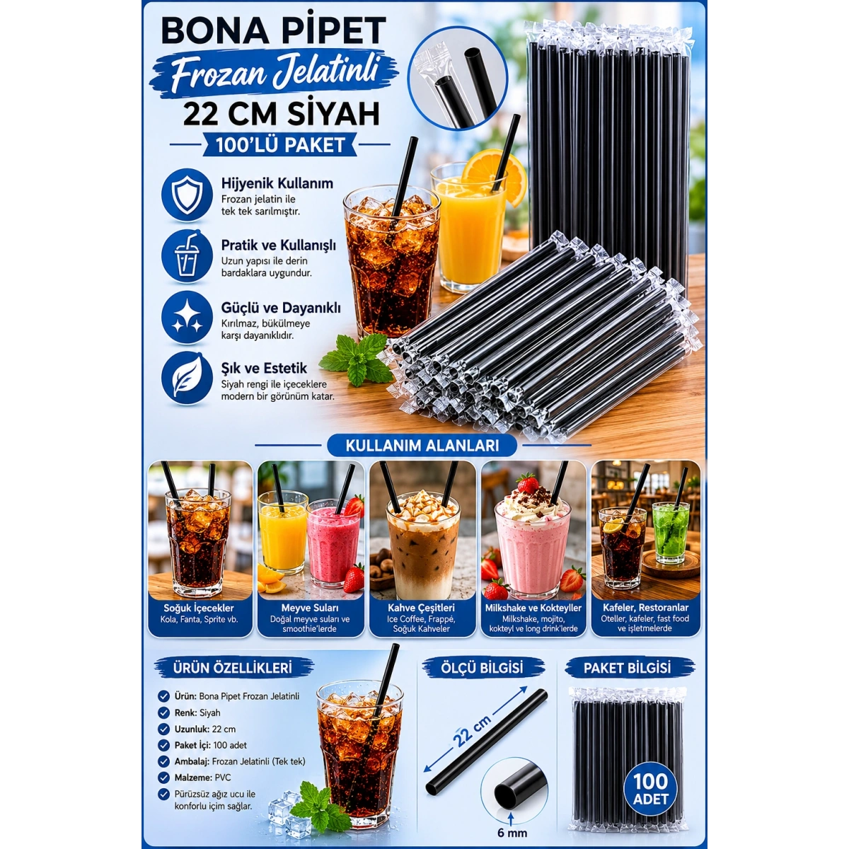 Bona Pipet Frozan Jelatinli 22 cm Siyah 100lü Paket (Niceplast)