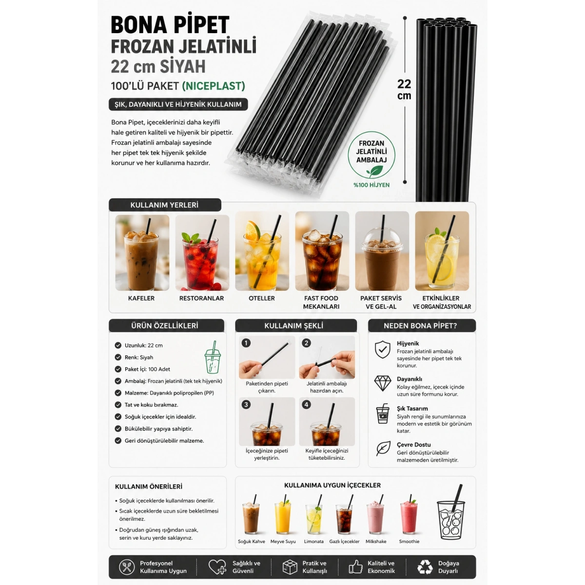 Bona Pipet Frozan Jelatinli 22 cm Siyah 100lü Paket (Niceplast)