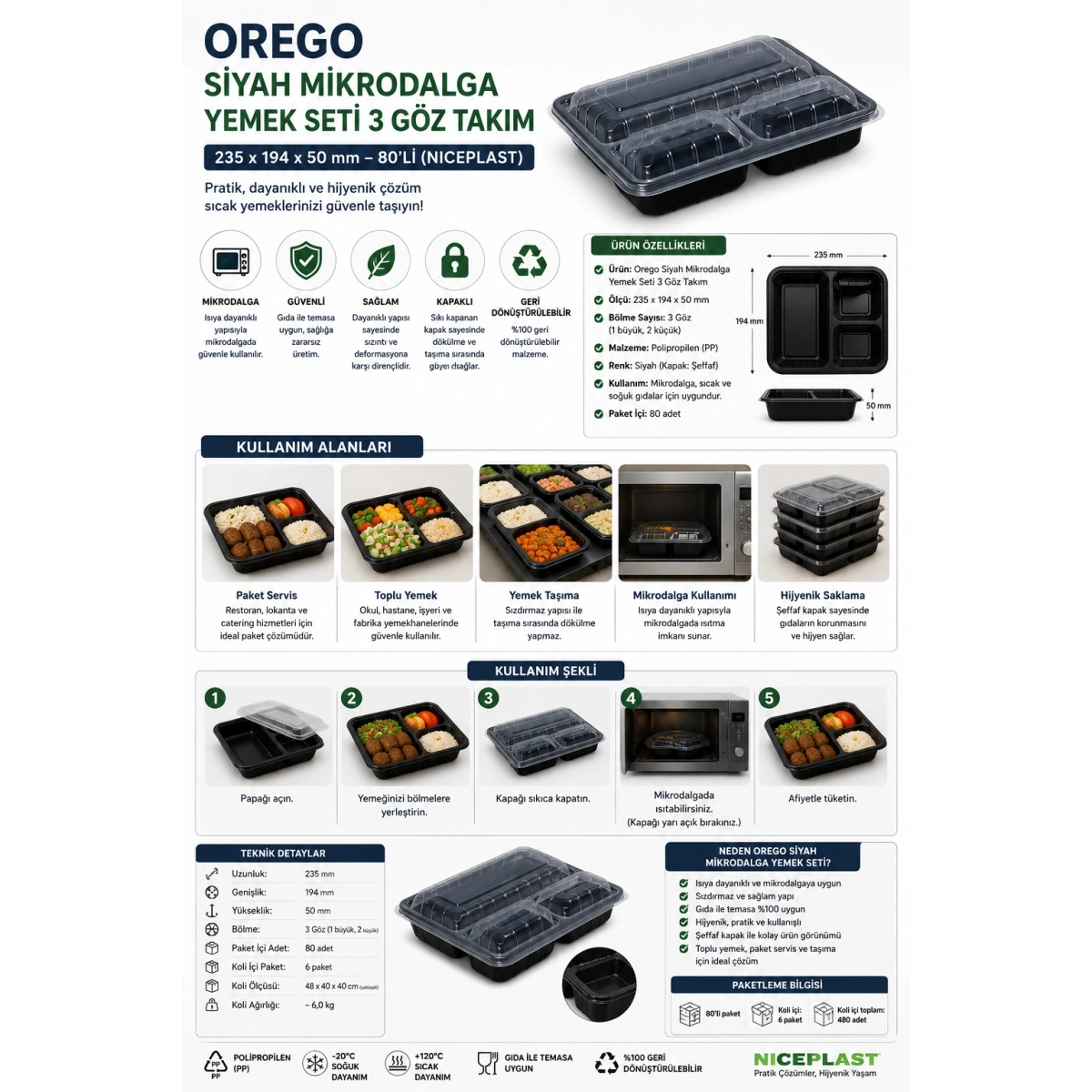 Orego Siyah Mikrodalga Yemek Seti 3 Göz Takım 235x194x50 80li (Niceplast)