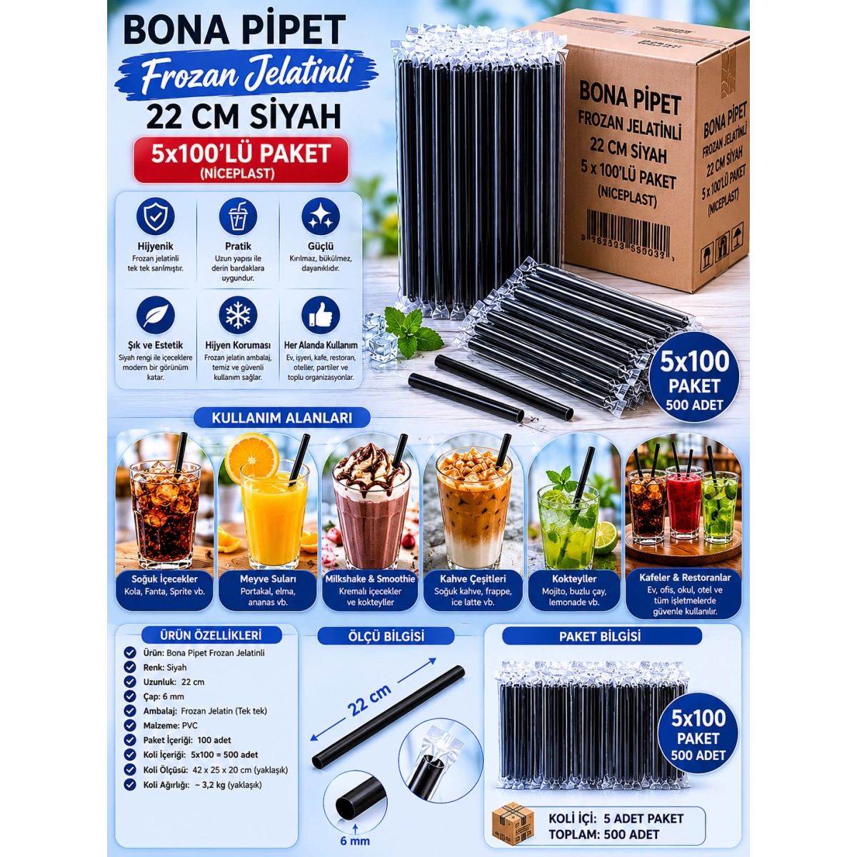 Bona Pipet Frozan Jelatinli 22 cm Siyah 5x100lü Paket (Niceplast)